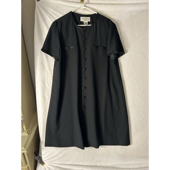 Evan-Picone Dresses & Skirts - Evan-Picone Black Button Front Shift Dress Short Sleeve Satin Trim Size 14